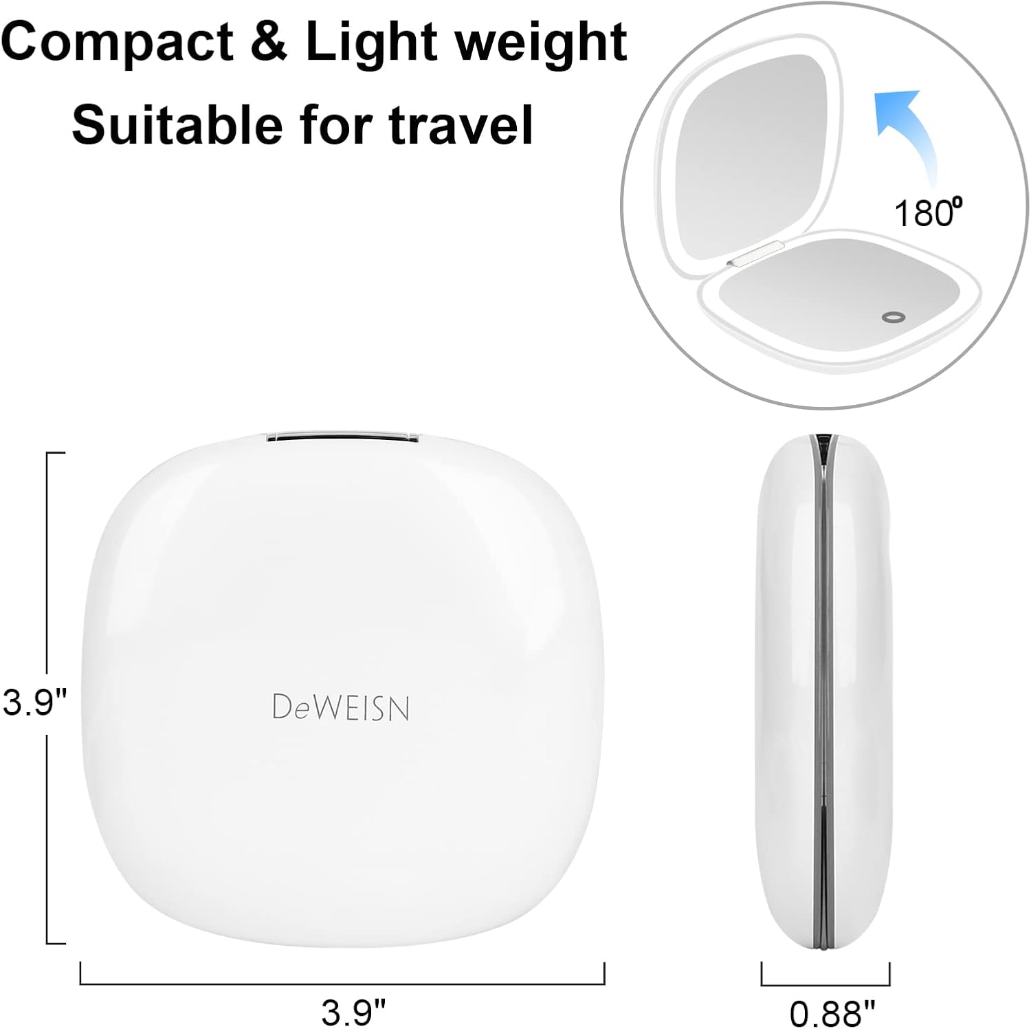 deweisn Compact Mirror, Lighted Travel Makeup Mirror with 1X/10X Magnifying Double Sided Dimmable Portable Pocket for Handbag and Pocket, USB Charging(White) - Image 2