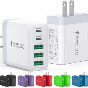 [2-Pack] USB C Wall Charger, 60W Fast USB C Charger Block, 5-Port PD Power Adapter + QC Wall Plug Multiport Type C Charging Block Cube Compatible with iPhone 17 16 15 14 13 12 Pro Max XR XS, Tablets