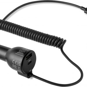 Amazon Basics Fast-Charging Car Charger, 1 USBC+1 USB-A +1 Built-in Coiled Cable USB-C, 60w, Black