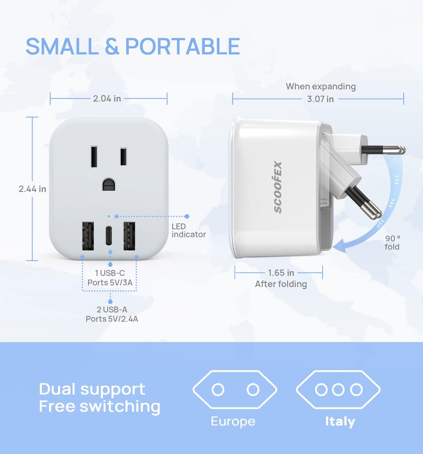 European Travel Plug Adapter - SCOOFEX Foldable Power Plug with 3 USB (1 USB C Port) and 1 AC Outlets Charger for US to Most of Europe - EU France Germany Spain Italy(Type C/L) - Image 5