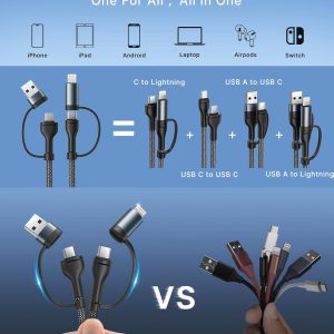 4 in 1 Charging Cable, USB C Lightning Adapter USB C to USB C 60W PD [Fast Charging & Data Sync] 4 in 1 Multi Charger for iPhone 16 15 14 13 12,MacBook Pro 2023 iPad mini 6/Pro,Samsung Galaxy S22 S21
