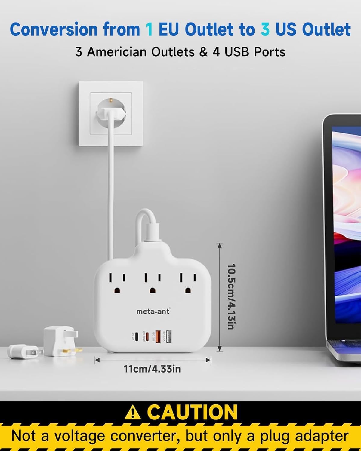 PD30W European Travel Plug Adapter, International Power Adapter with 3 Outlets 2 USB-C and 2 USB-A Fast Charger, Universal Travel Adapter with 3ft Extension Cord for EU US UK Europe France Spain - Image 4