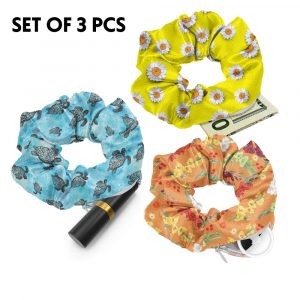 WIRESTER 3Pcs Satin Hair Ties for Women, Pocket Scrunchies with Hidden Zipper Stash Scrunchy Ponytail Holder Secret Storage for Small Items – Ocean Sea Turtles, Daisy Pattern Yellow, Flowers Orange