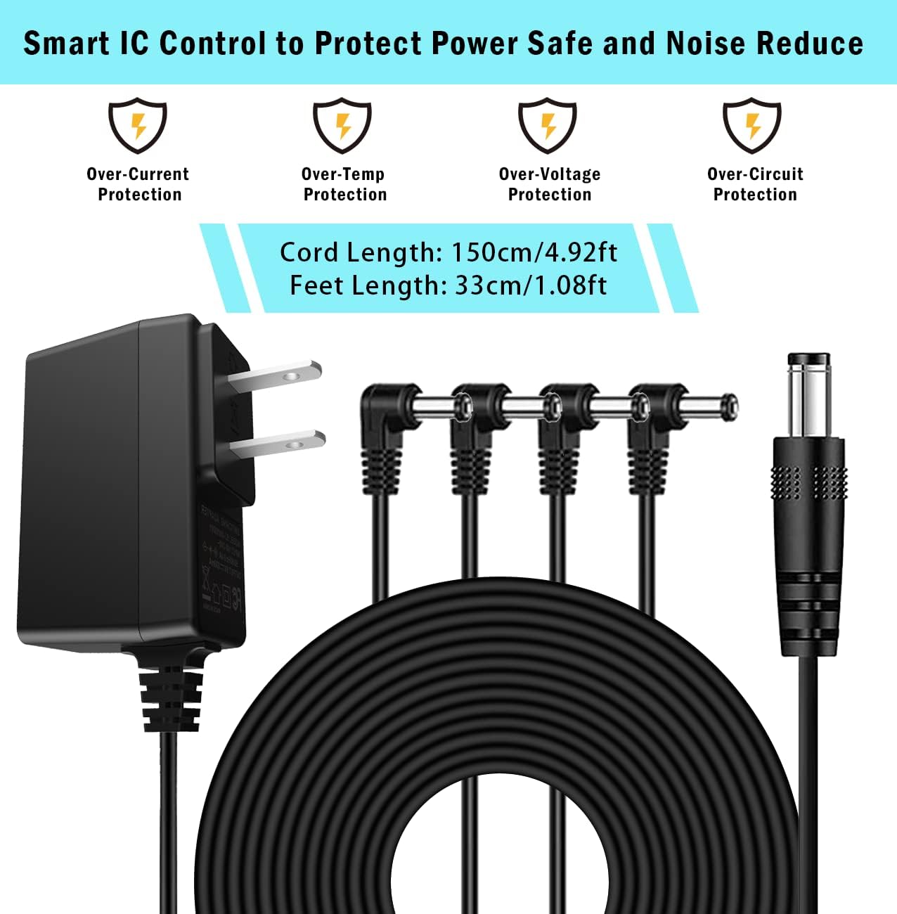 JOYO DC 9V Guitar Pedal Power Supply (800mA -1A) AC Wall Charger Adapter with 4 Way Daisy Chain Pedal Cables (8.8 FT), Compatible for Most Effect Pedals (Tip Negative) - Image 2