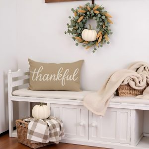 HERHOME Thankful Pillow Cover 12×20 Inch Lumbar Decorative Cushion Case Warm Taupe Neutral Rustic Fall Home Decorations for Living Room Bedroom Couch Sofa