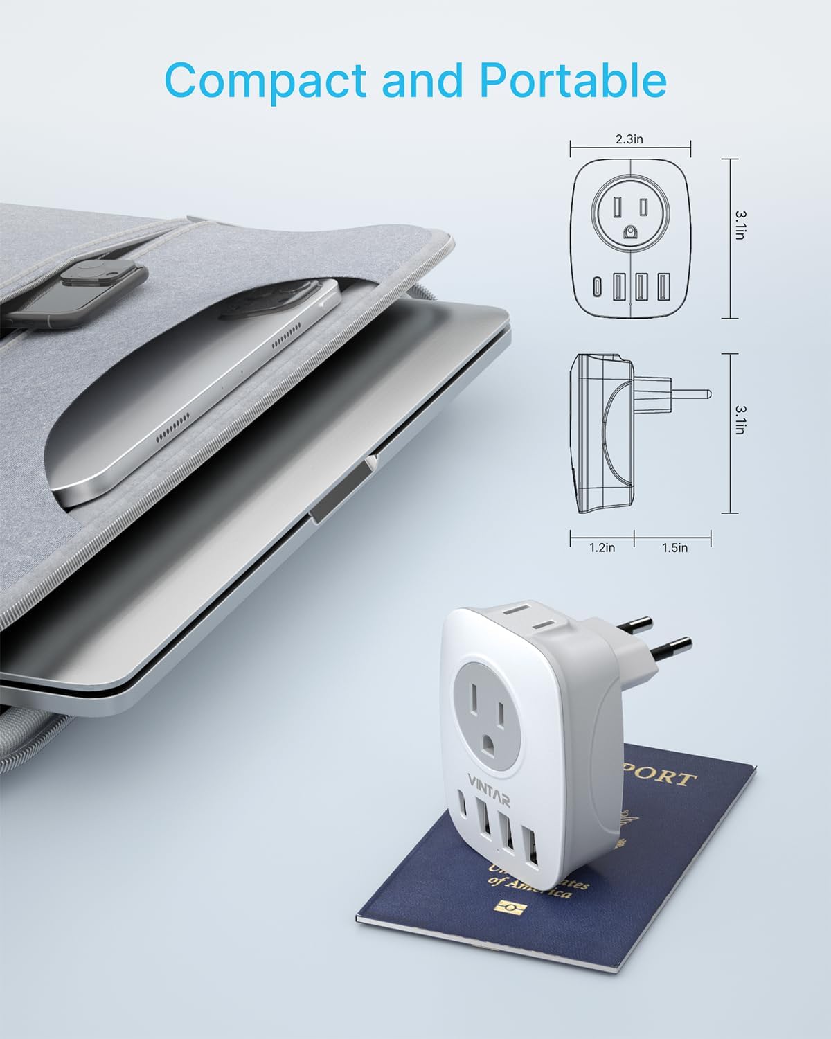 2 Pack European Travel Plug Adapter, VINTAR International Power Plug Adapter with 1 USB C, 2 American Outlets and 3 USB Ports, 6 in 1 Travel Essentials to Most of Europe Greece, Italy(Type C) - Image 5