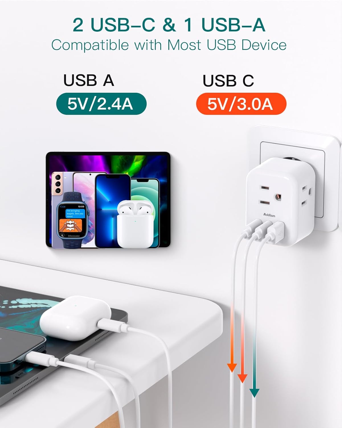 European Travel Plug Adapter, Addtam International Power Adapter with 3 Outlets 3 USB Charging Ports(2 USB C), Type C Adapter Travel Essentials to Most Europe EU Spain Italy France - Image 4
