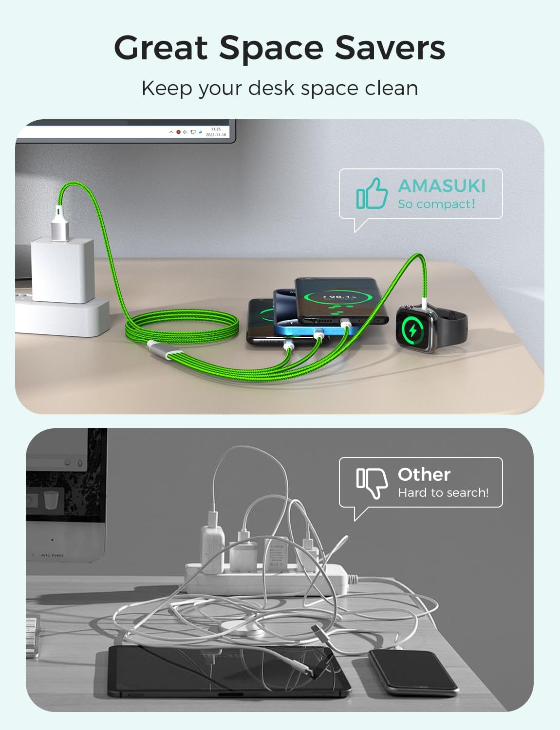2Pack Multi Charging Cable for Apple Watch Charger 4 in 1 Travel Essentials RV Camping Essentials USB C/L/Micro Compatible with iWatch Series 11-1/iPhone 17/16/15/Android Airplane Gadgets-4FT/Green - Image 3