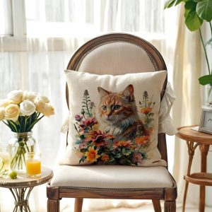 JAERUE Cat Decorative Throw Pillow Cover with Floral Farmhouse Decor Pillow Cases for Sofa Couch Porch Patio Spring Summer Cushion Covers,18 x 18 inches (Orange, 18×18)