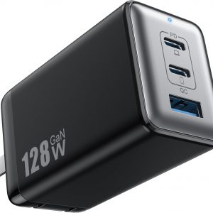 128W USB C Wall Charger,GaN III 3-Port Fast Charging Station,PD QC Foldable Charger Block Portable 65W Laptop Adapter for MacBook Pro/Air,iPad Pro,Galaxy S23,Dell XPS 13,iPhone 17/16/Pro etc