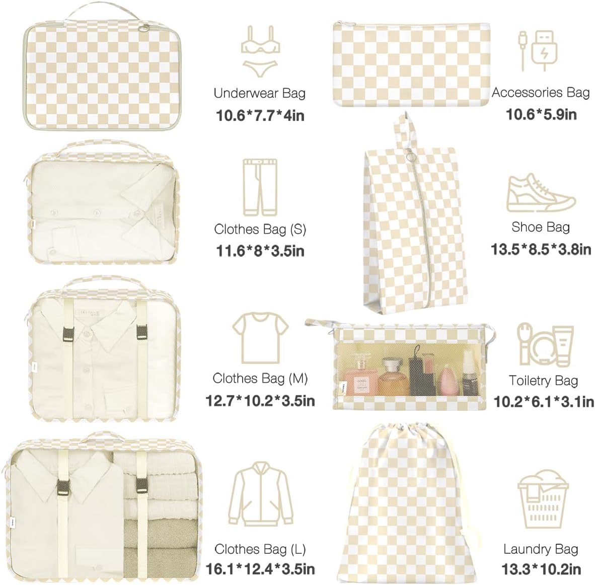 8 Set Packing Cubes for Suitcases,Packing Cube with Shoe, Cosmetics, Clothing, and Accessories Bags Packing Cubes for Travel Luggage Organizer Women Men(Khaki Checkered) - Image 2
