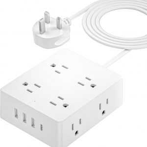 UK Travel Plug Adapter, Olcorife US to UK Ireland Type G Plug Adapter, International Power Strip with 8 Outlets and 4 USB(1 USB-C), 5 FT Cord for UK Ireland Dubai Hongkong
