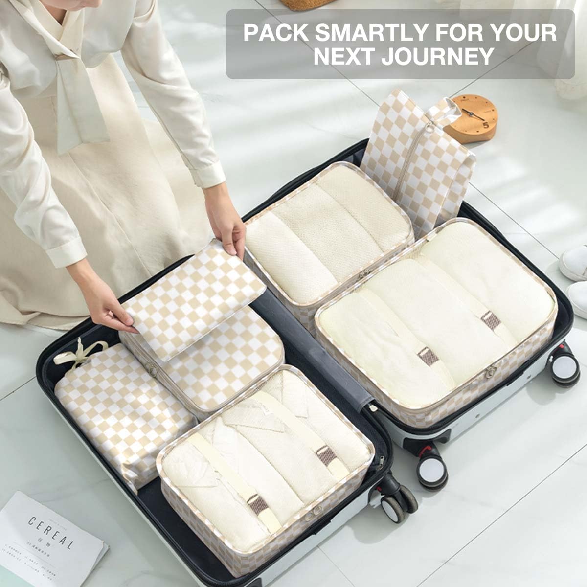 8 Set Packing Cubes for Suitcases,Packing Cube with Shoe, Cosmetics, Clothing, and Accessories Bags Packing Cubes for Travel Luggage Organizer Women Men(Khaki Checkered) - Image 7