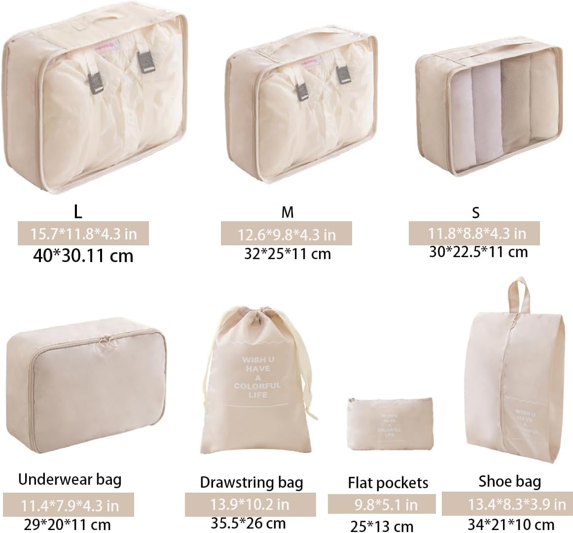7 Set Travel Luggage Organizer, Sturdy and Durable,Comfortable Handles, Wash and Makeup Separate Storage Bag (Beige, 7 Set) - Image 2