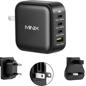 MINIX NEO P3 100W Turbo 4-Port GaN Wall Charger, 3 x USB C port Fast Charging Power Adapter(Max 100W/20W), 1 USB-A (Max 18W). Compatible with MacBook Pro Air, iPad Pro, iPhone 17/16 Pro Max,Galaxy S23