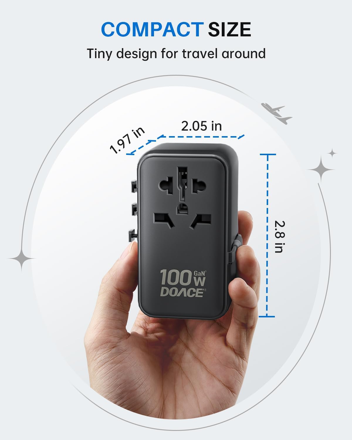 DOACE Universal Travel Adapter, 100W GaN 3.0 European Travel Plug Adapter with Built-in USB-C Cable, 6 in 1 International Power Adapter with 5 USB Ports for EU/UK/USA/AUS(Black) - Image 8