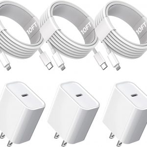 10FT iPhone Fast Charger,3Pack Extra Long[Apple MFi Certified]iPhone Charger Fast Charging Quick 10Foot USB C to Lightning Cable Cord Adapter Block for iPhone 14 Pro Max/14 Plus/13/12Mini/11/XS/X/iPad