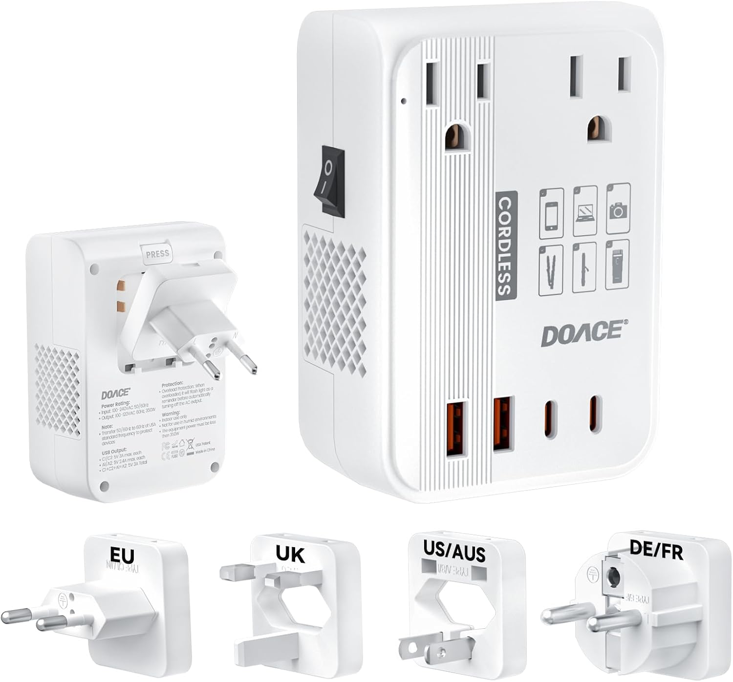 DOACE 220v to 110v converter 350W voltage converter us to europe for Hair Straightener/Curling Iron Converter for European Travel with 4-port USB Charging and UK/AU/US/EU Worldwide Plug Adapter, White