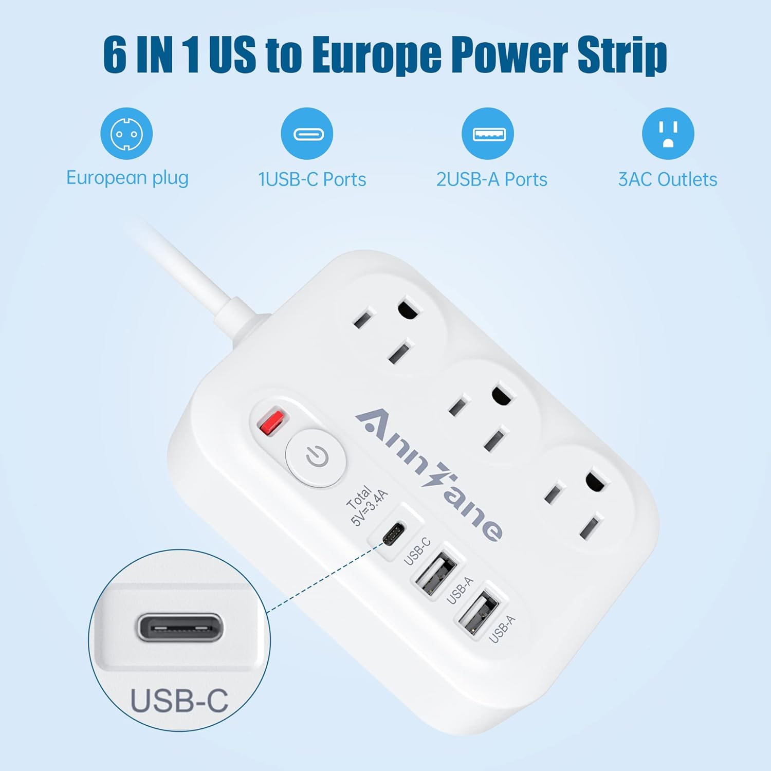 European Travel Plug Adapter with 4FT Extension Cord, (Not for UK) US to European International Plug Adapter Travel Essentials France Germany Greece - Image 3