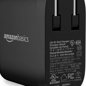 Amazon Basics 36W Two-Port USB-C Wall Charger (18W per Port) with Power Delivery PD for Tablets & Phones (iPhone 15/14/13/12/11/X, iPad, Samsung, and More), Non-PPS, 2.34 x 2.21 x 1.09 inches, Black