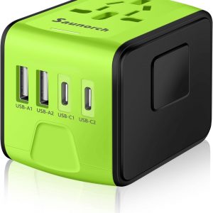 Travel Adapter Worldwide, Universal International Power Plug Adapter W/2.4A 2xUSB-A and 3.0A 2xType-C Wall Charger, European Travel Plug Adapter for Europe UK EU US CA AU Italy Asia-Green
