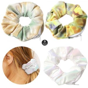 ZOSTLAND Hidden Pocket Premium Velvet Scrunchie with Secret and Hidden Zipper, Soft Hair Ties Bracelet, Key Money Storage Bag Wallet, Elastics Hair Band Accessories Gift for Girl Women (3pcs Tie-dye)