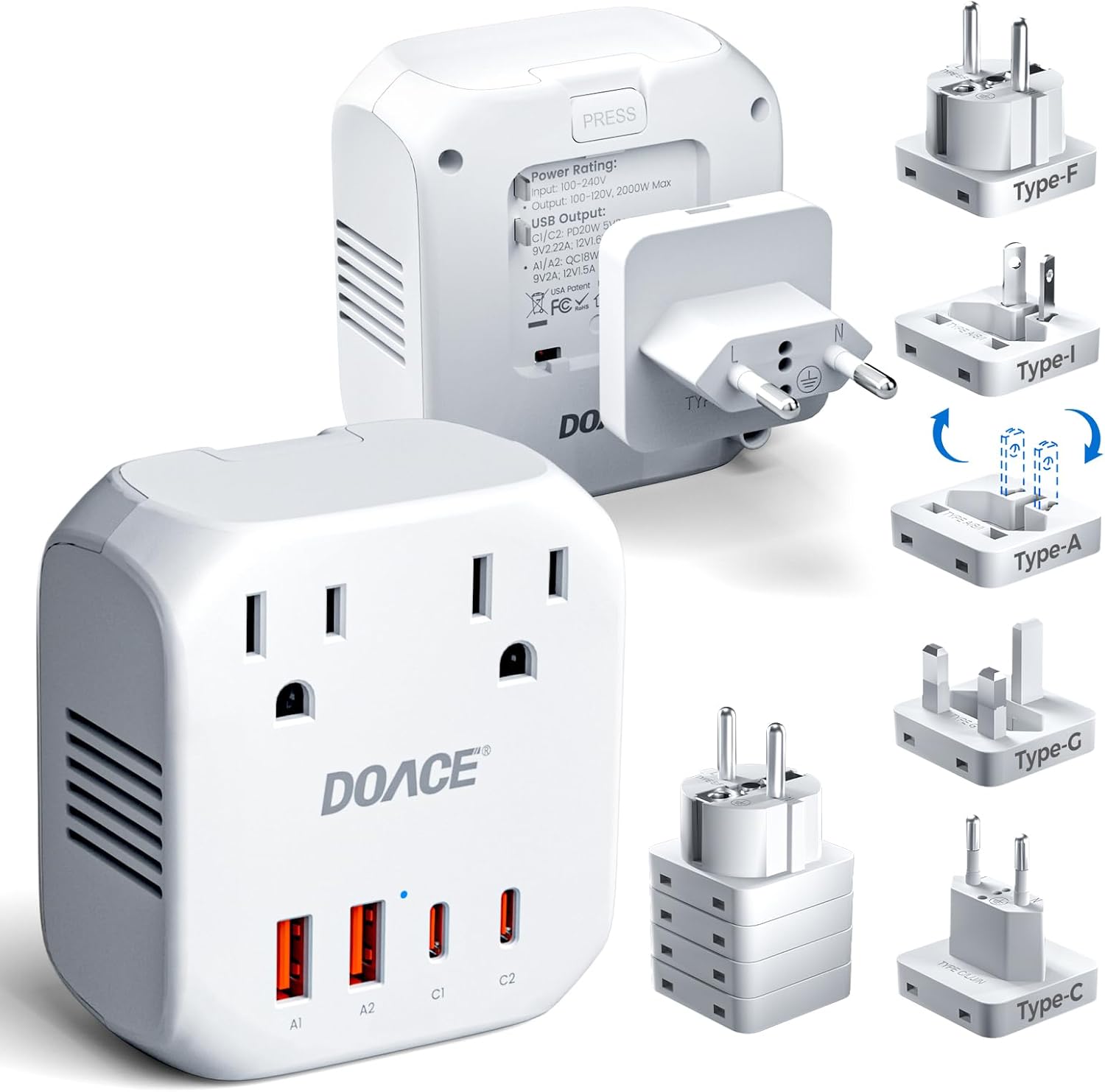 2000W Voltage Converter US to Europe - DOACE 220V to 110V Converter for European Travel, Power Converter Adapter Combo with 2 PD/QC & UK/AU/US/IT/European Travel Plug Adapters for Hair Dryer Phone