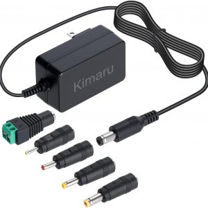 Kimaru 12V 2A Power Adapter for LED Strip Light, CCTV Camera, Webcam, Router, GPS, BT Speaker, Yamaha Keyboard, Regulated 12 Volts 2000mA Power Supply Cord, DC 12V Transformer with 5 Tips.