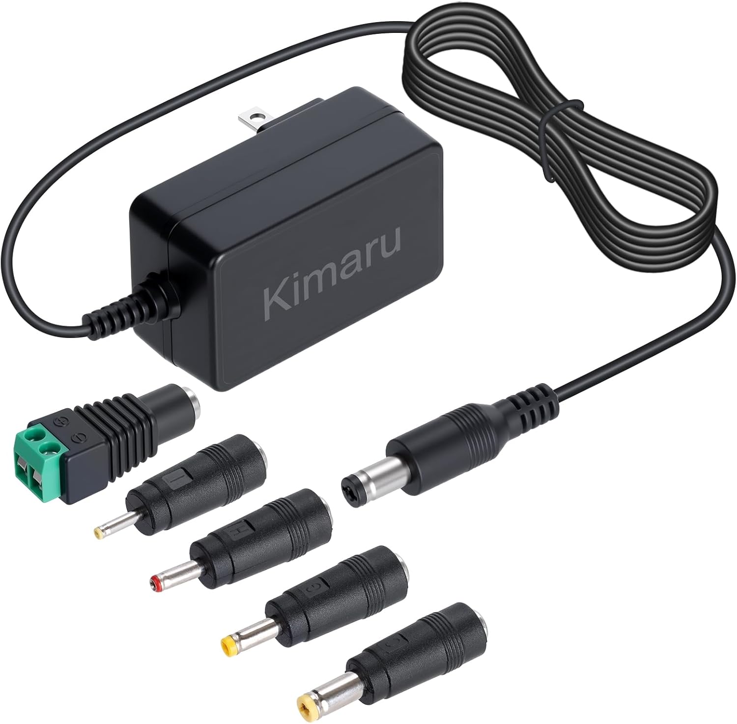 Kimaru 12V 2A Power Adapter for LED Strip Light, CCTV Camera, Webcam, Router, GPS, BT Speaker, Yamaha Keyboard, Regulated 12 Volts 2000mA Power Supply Cord, DC 12V Transformer with 5 Tips.