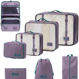 8 Piece Expandable Packing Cubes Set with Hanging Waterproof Toiletry Bag – Compression Travel Organizers for Airplane Essentials, Lightweight Luggage Storage for Carry On Suitcase(Purple)
