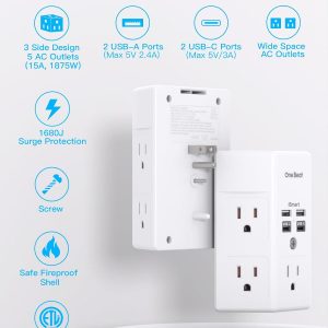 One Beat 1680J 3 Side Power Strip Multi Plug Expander, Surge Protector, 5 Outlets Extender, 4 USB Ports (USB C), Wall Mount Charger, Outlet Splitter Adapter for Home, Travel, Office, ETL Listed, White