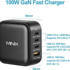 MINIX NEO P3 100W Turbo 4-Port GaN Wall Charger, 3 x USB C port Fast Charging Power Adapter(Max 100W/20W), 1 USB-A (Max 18W). Compatible with MacBook Pro Air, iPad Pro, iPhone 17/16 Pro Max,Galaxy S23