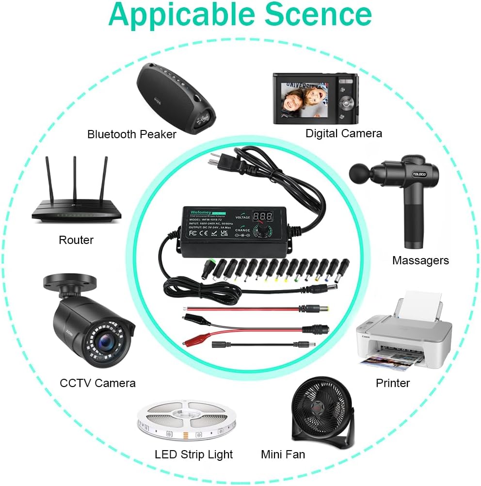 Universal Power Supply 3V~24V 3A 72W Adjustable Variable AC/DC Adapter Charger, 100V-240V AC to DC Converter with LED Voltage Display & 14 Tips & Polarity Converter & Test Lead - Image 7