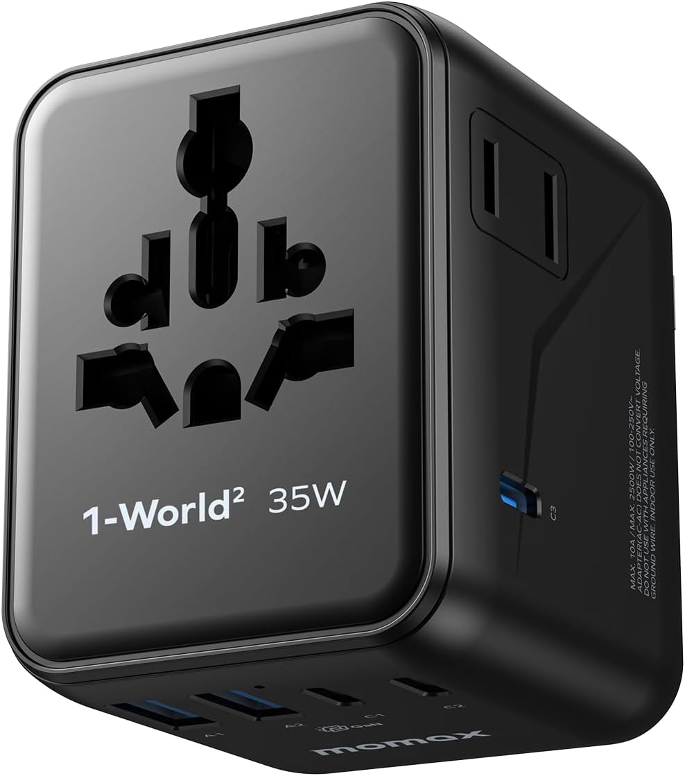 MOMAX 7-in-1 Universal Travel Adapter, 3 USB-C PD & 2 USB-A QC, 2AC, All-in-one European Travel Plug Adapter, International Power Adapter for Travel UK EU AUS JP, Travel Essentials