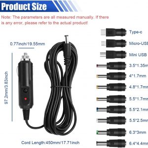 12V Car Charger with 5V DC Power Cable, Universal DC 5.5×2.1mm Plug Power Cord with 11 Connectors, Cigarette Lighter Plug Charging Cable for DVD Player, GPS, Camera, Bluetooth Speaker