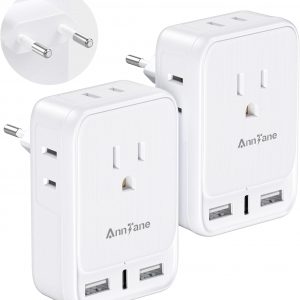 2 Pack European Travel Adapter, US to Europe Plug Adaptor with 4 Outlets 3 USB Charging Ports, Type C Power Adapter for USA to EU Euro Spain France Iceland Italy Germany Greece, White