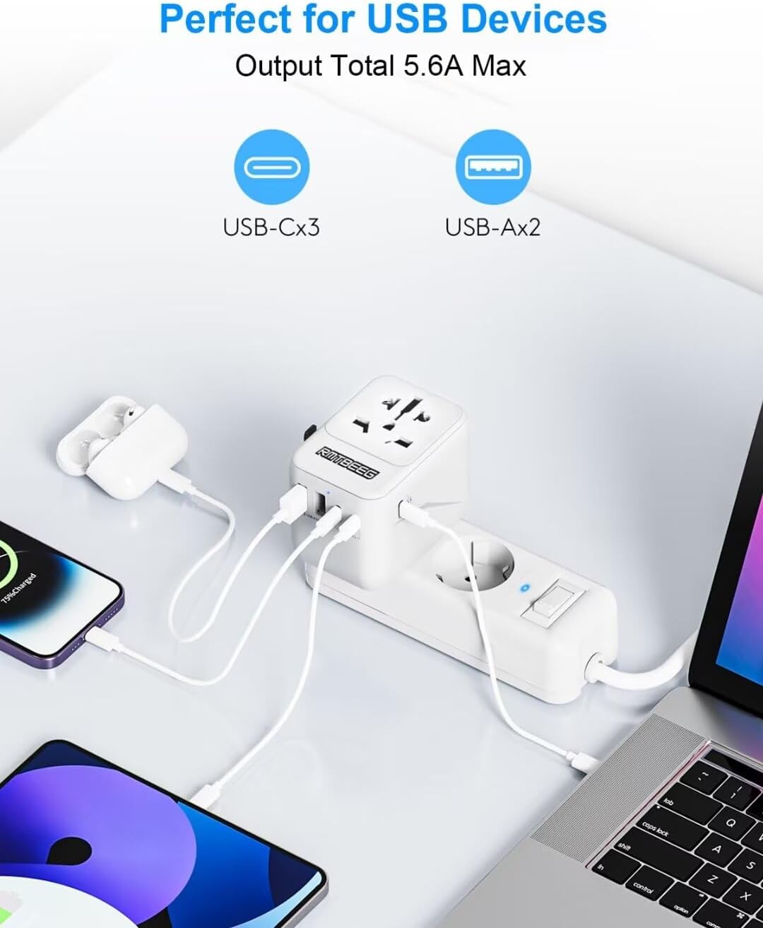 Universal Travel Adapter, International Power Plug Adapter with 3 USB-C & 2 USB-A Ports, All-in-One Worldwide Wall Charger for US EU UK AUS, Compatible with Type C/G/A/I Plugs for Travel - Image 3