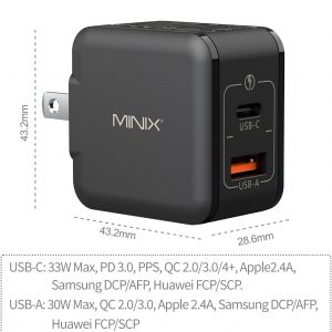 MINIX P1 Mini 30W USB C Charger, 33W PPS 2-Port GaN Charger 1 USB-C Port, 1 USB-A Port with Foldable Plug, Compatible with iPhone 8-15/16 Series, Galaxy S10-S23, Pad and More
