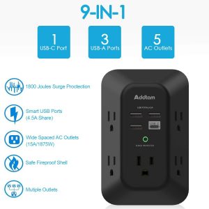 USB Wall Charger Surge Protector – Addtam 5 Outlet Extender with 4 USB Charging Ports (1 USB C), 3-Sided 1800J Power Strip Multi Plug Outlets Adapter Widely Spaced,Black