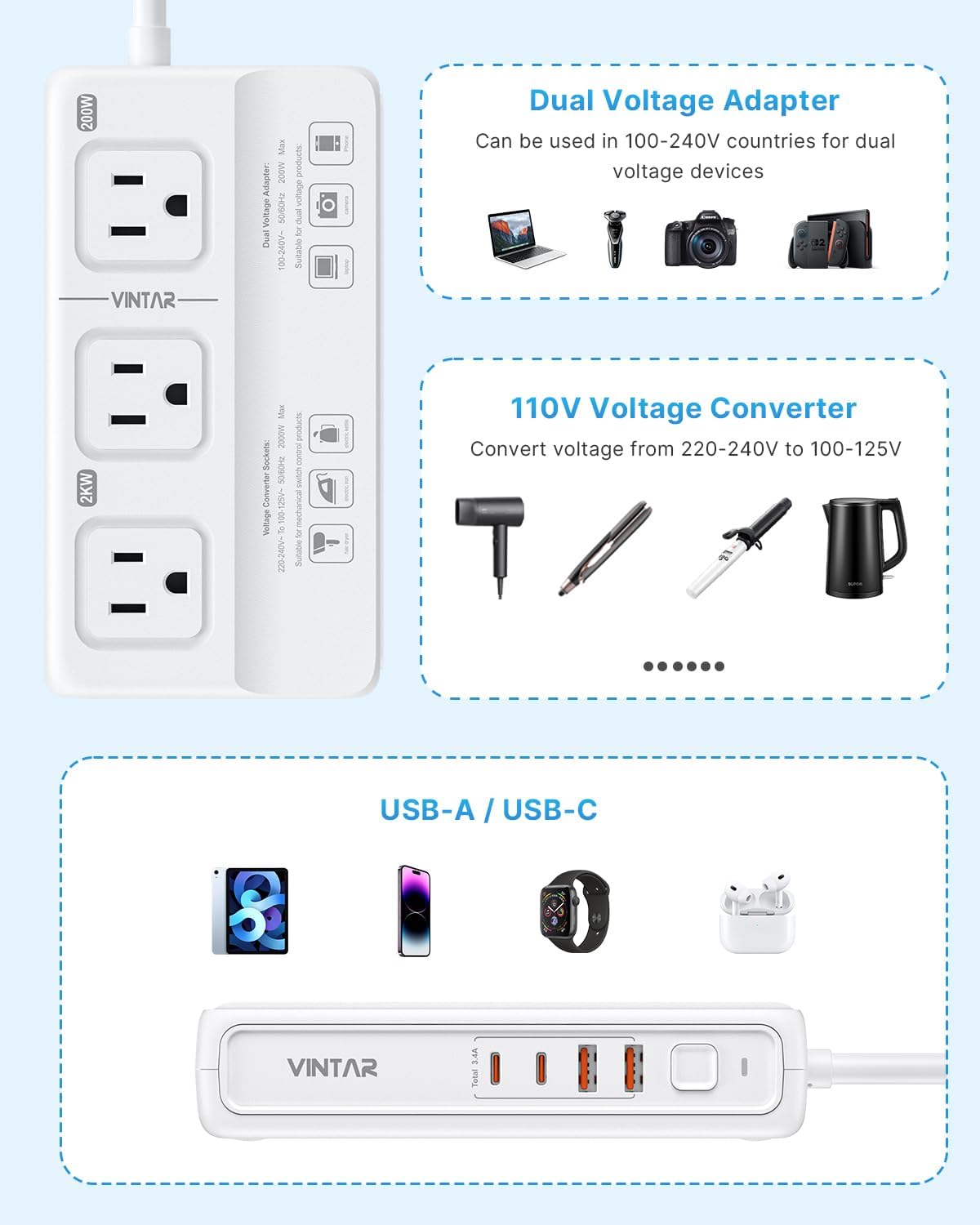 220V to 110V Voltage Converter, VINTAR 2000W Universal Travel Adapter Voltage Converter US to Europe, International Step Down Transformer Power Converters Adapter Combo for EU UK JP AU in SA - Image 3