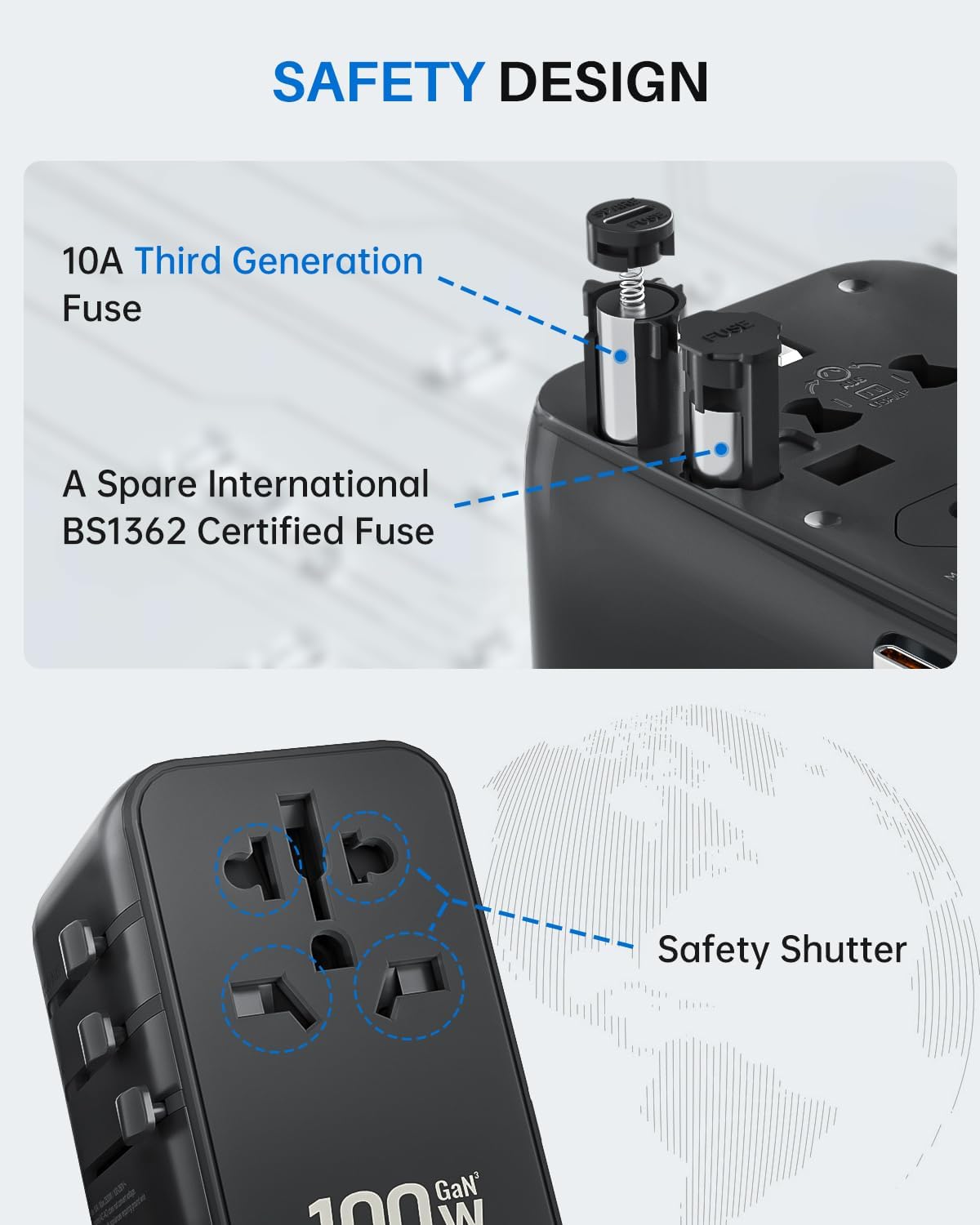 DOACE Universal Travel Adapter, 100W GaN 3.0 European Travel Plug Adapter with Built-in USB-C Cable, 6 in 1 International Power Adapter with 5 USB Ports for EU/UK/USA/AUS(Black) - Image 6