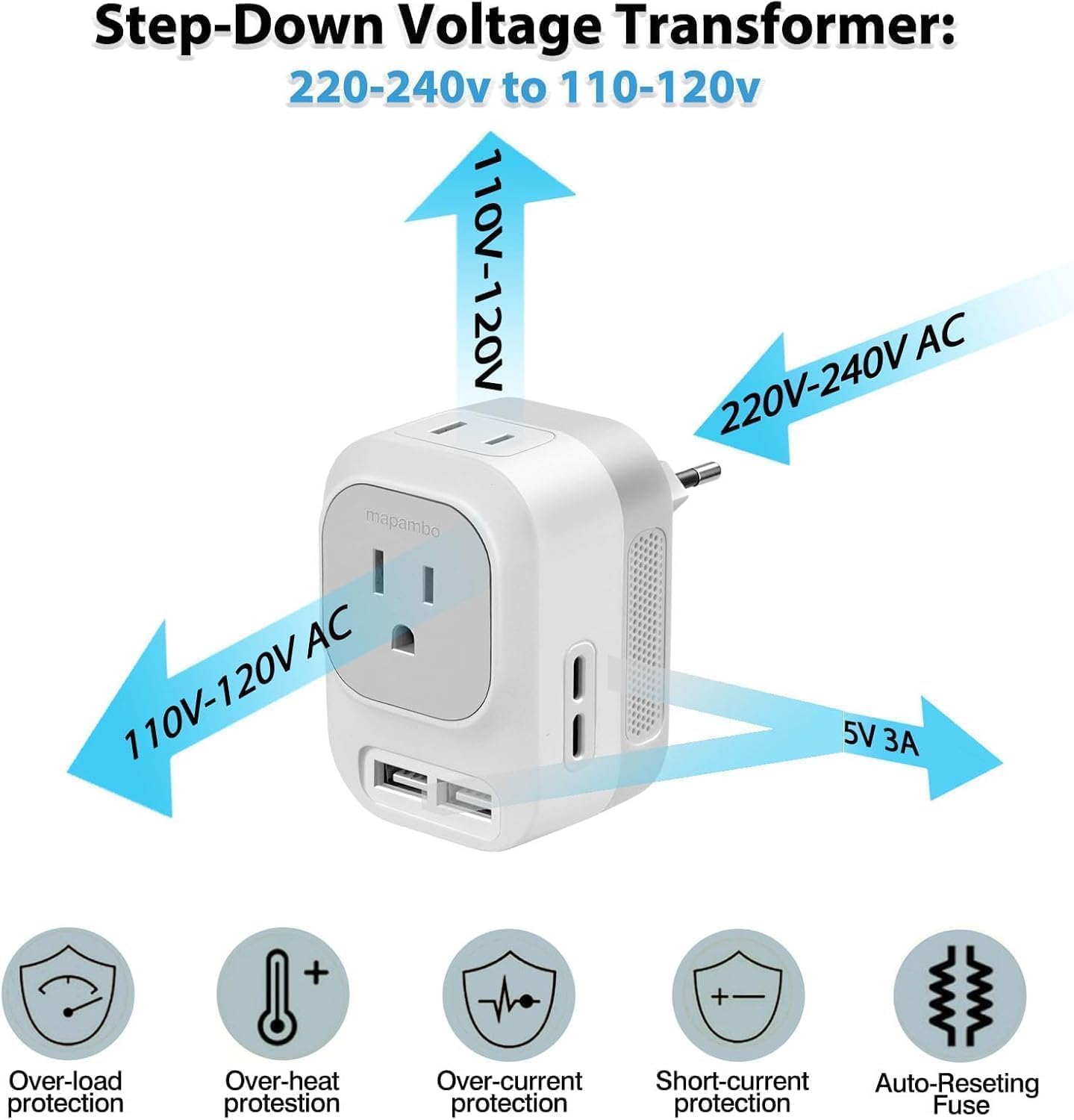 Mapambo 220V to 110V Voltage Converter US to Europe Converter for European Travel Plug Adapter with 2 USB Port 2 USB C International Power Adapter (Grey) - Image 2