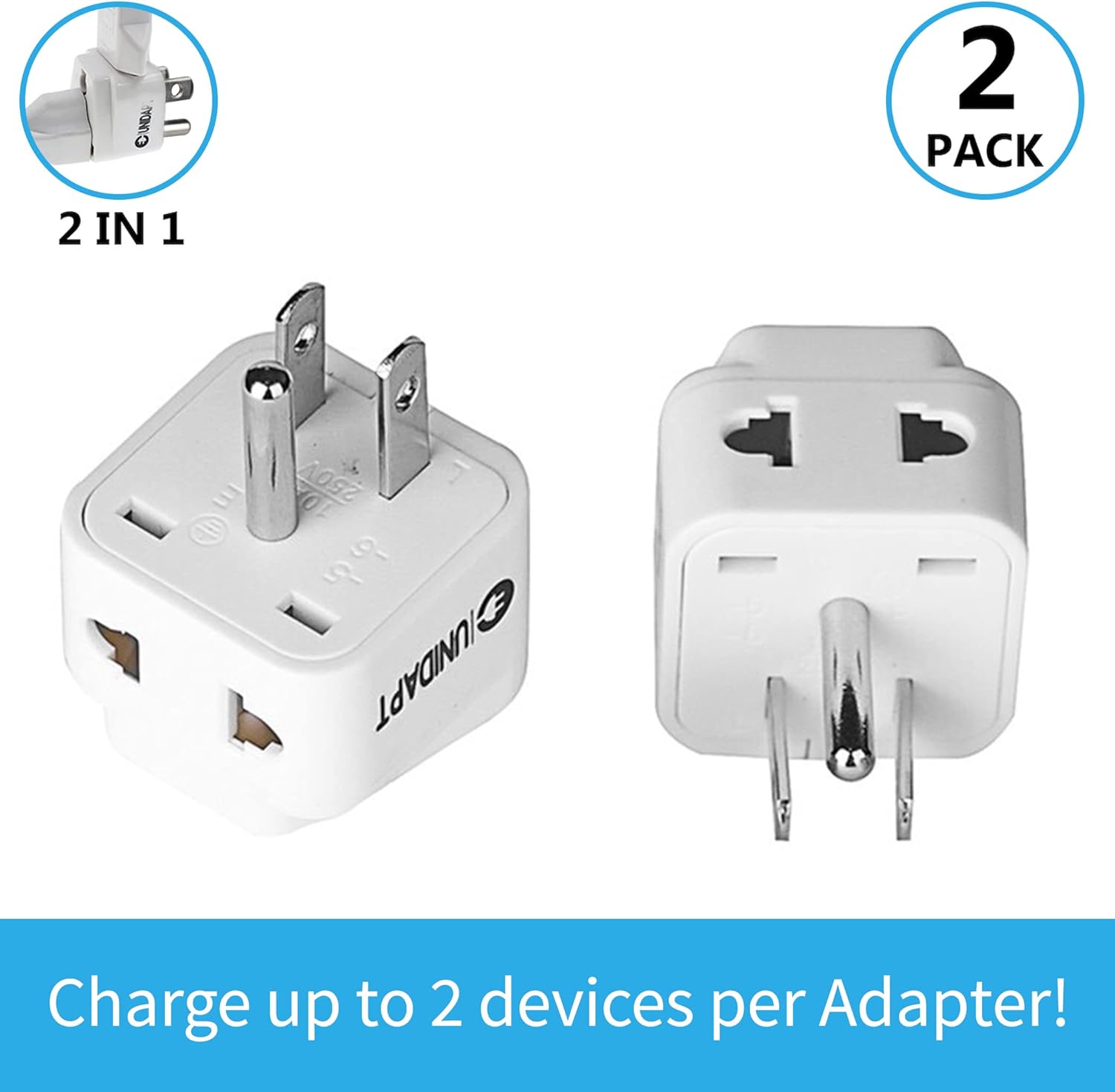 UK to US Travel Adapter, India to US Plug Adapter, Unidapt Adapters for USA, 2-Pack, Plug Converter, USA Travel Adapter, EU to US with Dual Inputs, Universal to American Outlet Plug - Image 2