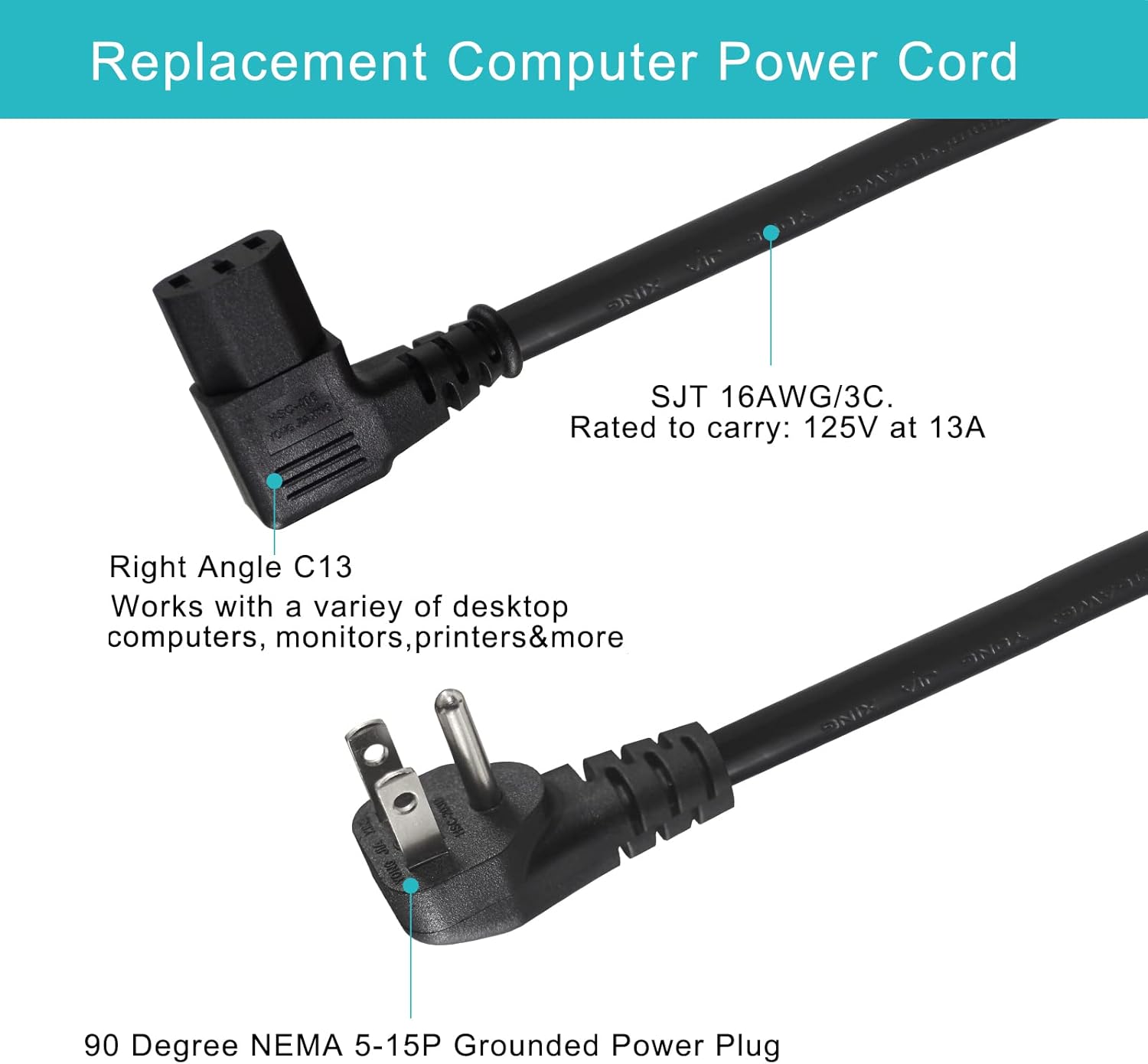90 Degree Computer Power Cord - 10FT Flat Low Profile Angled NEMA 5-15 Plug to IEC C13 Power Cord,Universal PC Power Supply Cord, 16AWG, Black C13 3 Prong Angled AC Power Cord for PC Monitor/TV (10FT) - Image 4