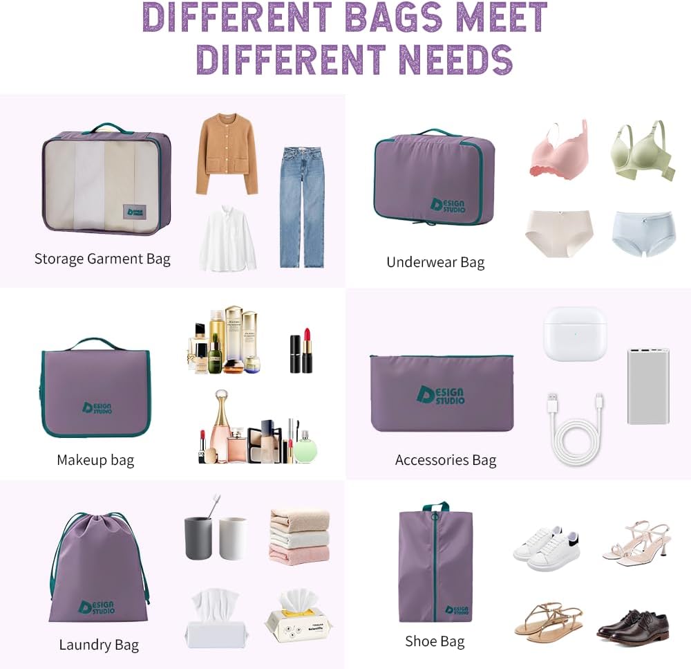 8 Piece Expandable Packing Cubes Set with Hanging Waterproof Toiletry Bag - Compression Travel Organizers for Airplane Essentials, Lightweight Luggage Storage for Carry On Suitcase(Purple) - Image 4