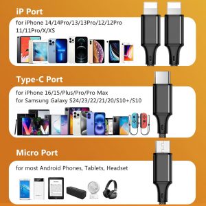 Puxnoin Multi Charging Cable, 2Pack 4FT 4 in 1 Charging Cable for Multiple Devices, Braided Universal Phone Charger Cord with Type-C, Micro USB, IP Port for iPhone16/15/14/Android Phones and More