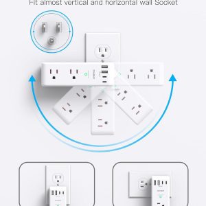 Surge Protector Outlet Extender – with Rotating Plug, 6 AC Multi Plug Outlet with 4 USB Ports (2 USB C), 1800J Wall Charger, 3-Sided Power Strip with Spaced Outlet Splitter for Home, Office, Travel