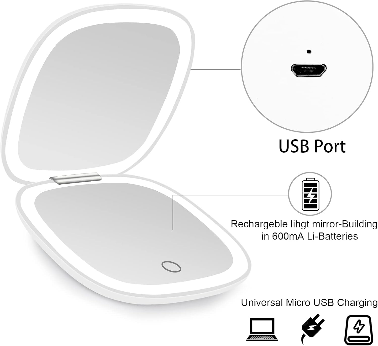deweisn Compact Mirror, Lighted Travel Makeup Mirror with 1X/10X Magnifying Double Sided Dimmable Portable Pocket for Handbag and Pocket, USB Charging(White) - Image 6