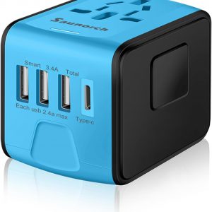 SAUNORCH Travel Adapter Worldwide, Universal International Power Plug Adapter W/2.4A 3xUSB-A and 3.0A Type-C Wall Charger, European Travel Plug Adapter for Europe UK EU US CA AU Italy Asia-Blue