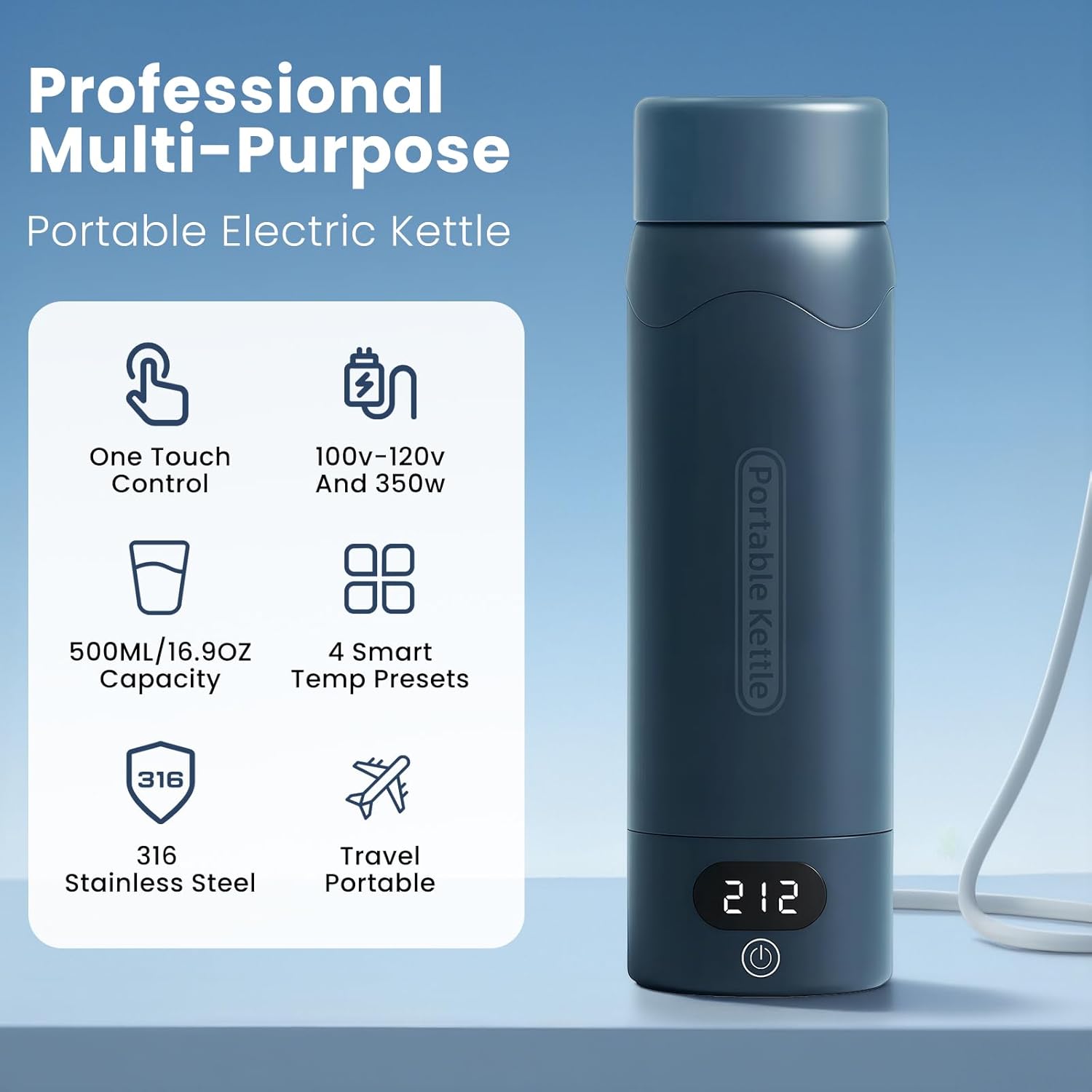 Travel Electric Kettle Portable Mini Kettle,316 Stainless Steel 16.91Oz,Small Hot Water Boiler with 4 Temperature Settings,Fast Boiling Water with Auto Shut-Off and Boil Dry Protection(Blue Spruce) - Image 3